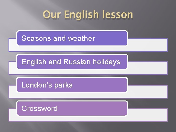 Our English lesson Seasons and weather English and Russian holidays London’s parks Crossword 