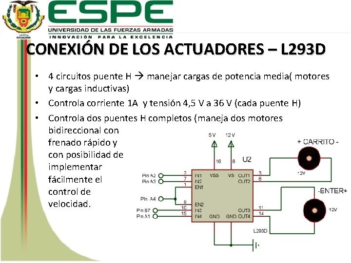 CONEXIÓN DE LOS ACTUADORES – L 293 D • 4 circuitos puente H manejar