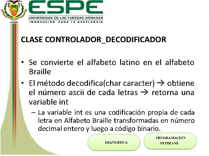 CLASE CONTROLADOR_DECODIFICADOR • Se convierte el alfabeto latino en el alfabeto Braille • El
