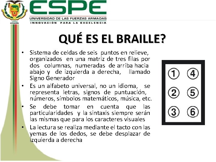 QUÉ ES EL BRAILLE? • Sistema de celdas de seis puntos en relieve, organizados
