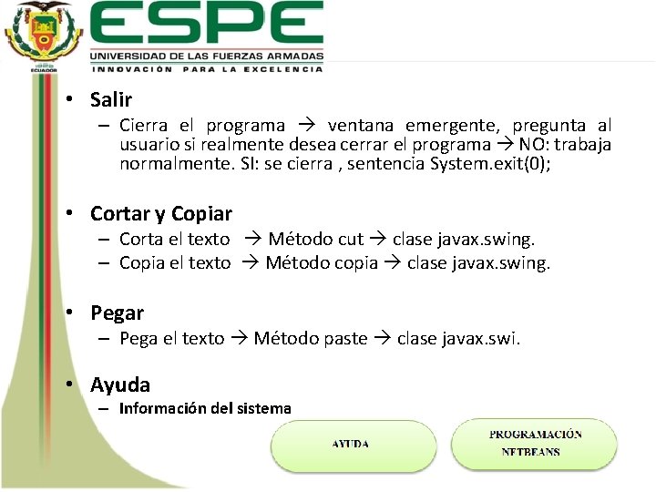  • Salir – Cierra el programa ventana emergente, pregunta al usuario si realmente