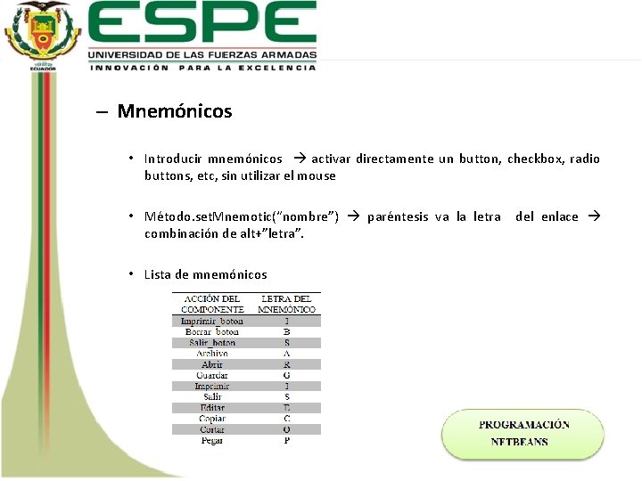 – Mnemónicos • Introducir mnemónicos activar directamente un button, checkbox, radio buttons, etc, sin