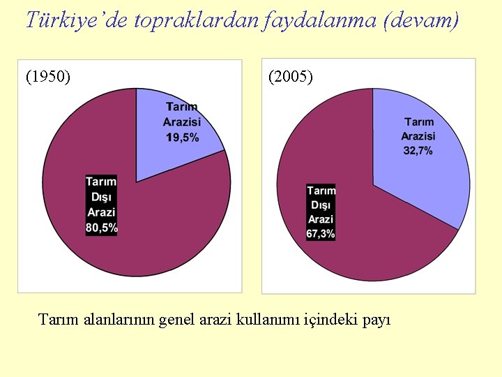 Türkiye’de topraklardan faydalanma (devam) (1950) (2005) Tarım alanlarının genel arazi kullanımı içindeki payı 