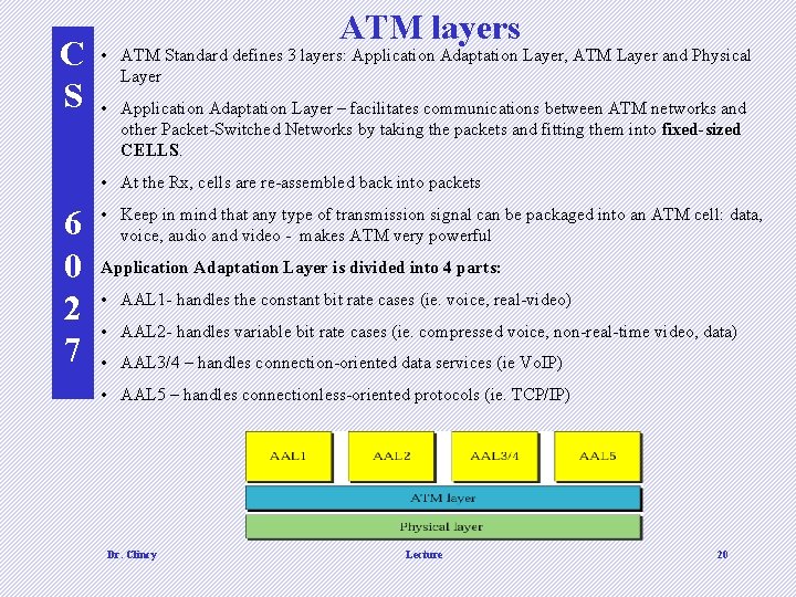 C S ATM layers • ATM Standard defines 3 layers: Application Adaptation Layer, ATM