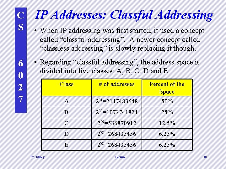 C S 6 0 2 7 IP Addresses: Classful Addressing • When IP addressing