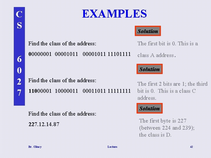 EXAMPLES C S 6 0 2 7 Solution Find the class of the address: