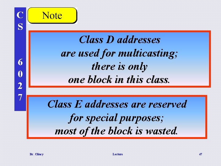 C S Class D addresses are used for multicasting; there is only one block