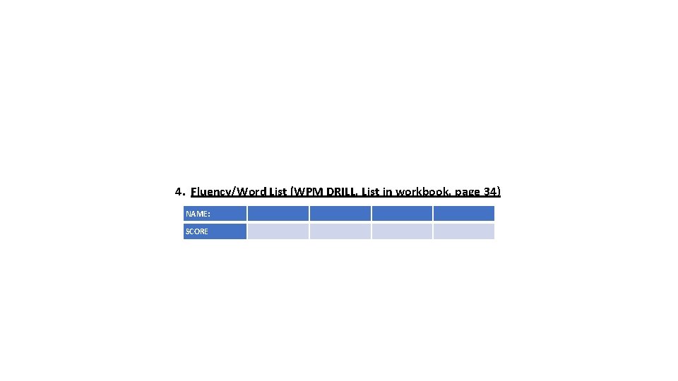 4. Fluency/Word List (WPM DRILL, List in workbook, page 34) NAME: SCORE 