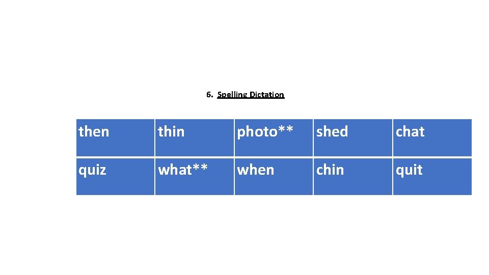  6. Spelling Dictation then thin photo** shed chat quiz what** when chin quit