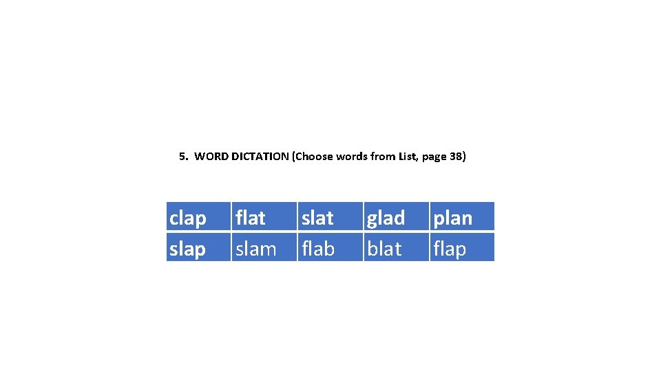 5. WORD DICTATION (Choose words from List, page 38) clap slap flat slam slat