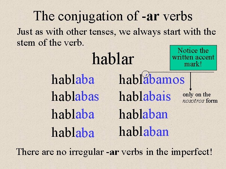 The conjugation of -ar verbs Just as with other tenses, we always start with