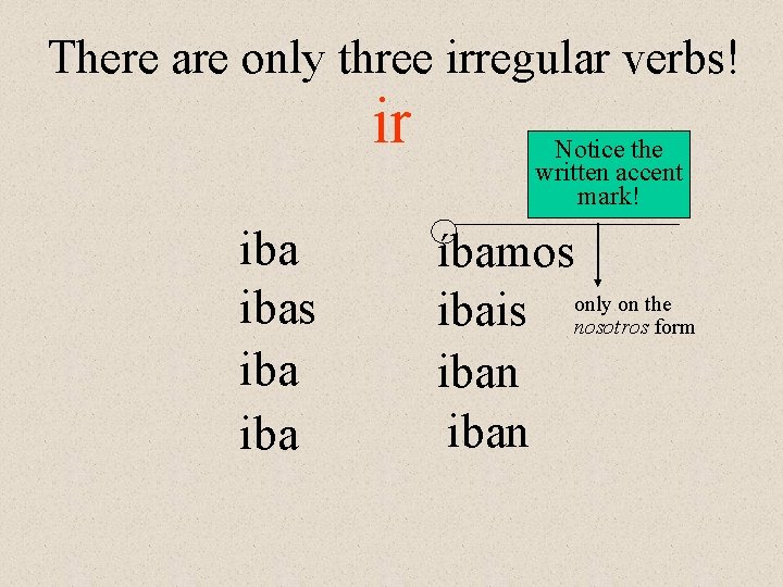 There are only three irregular verbs! ir ibas iba Notice the written accent mark!