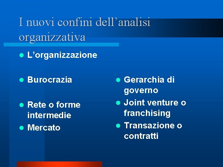 I nuovi confini dell’analisi organizzativa l L’organizzazione l Burocrazia Rete o forme intermedie l I nuovi confini dell’analisi organizzativa l L’organizzazione l Burocrazia Rete o forme intermedie l