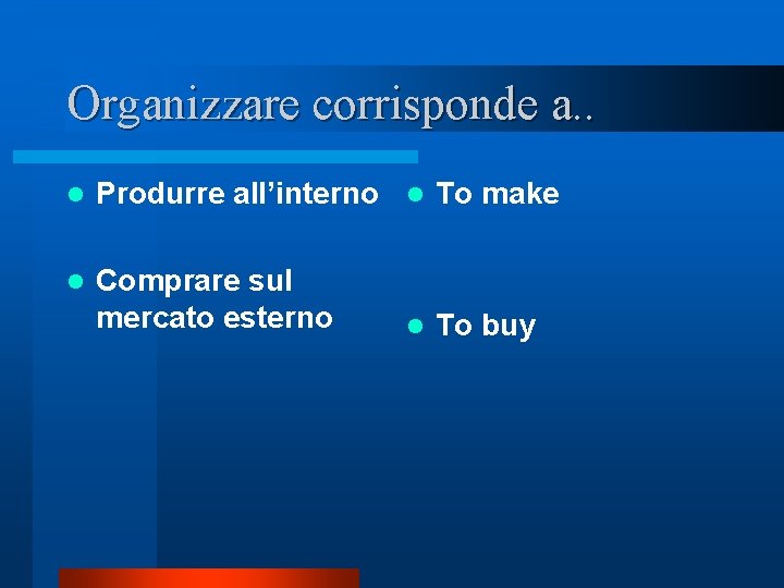 Organizzare corrisponde a. . l Produrre all’interno l To make l Comprare sul mercato Organizzare corrisponde a. . l Produrre all’interno l To make l Comprare sul mercato