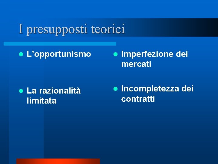 I presupposti teorici l L’opportunismo l Imperfezione dei mercati l La razionalità limitata l I presupposti teorici l L’opportunismo l Imperfezione dei mercati l La razionalità limitata l