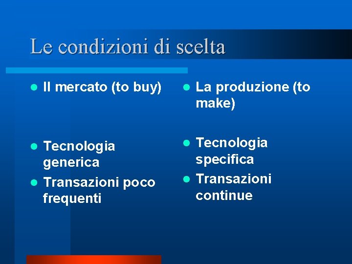 Le condizioni di scelta Il mercato (to buy) l Tecnologia generica l Transazioni poco Le condizioni di scelta Il mercato (to buy) l Tecnologia generica l Transazioni poco