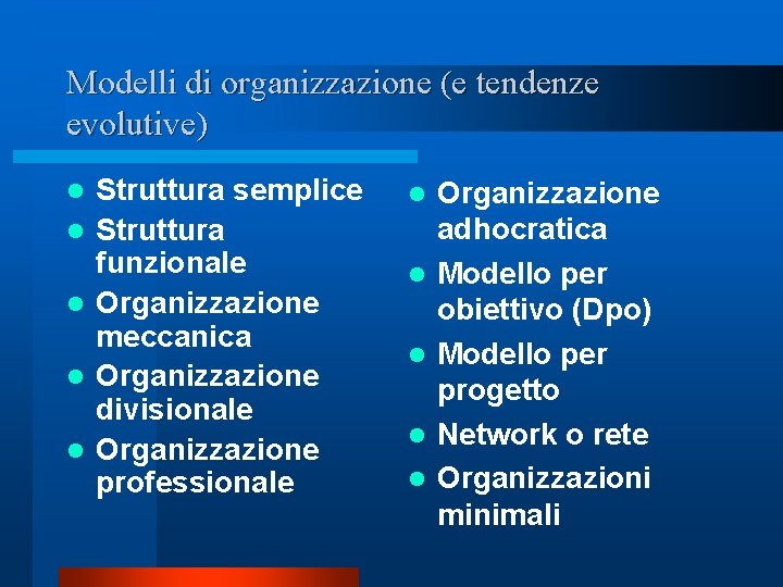 Modelli di organizzazione (e tendenze evolutive) l l l Struttura semplice Struttura funzionale Organizzazione Modelli di organizzazione (e tendenze evolutive) l l l Struttura semplice Struttura funzionale Organizzazione