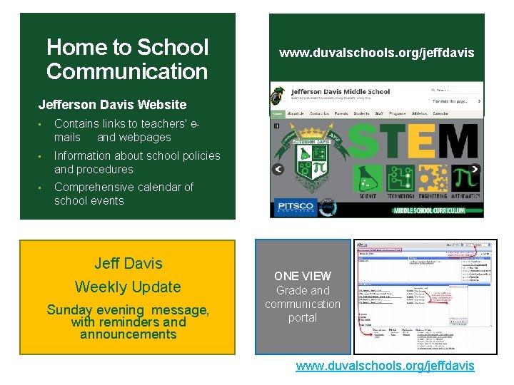 Home to School Communication www. duvalschools. org/jeffdavis Jefferson Davis Website • Contains links to