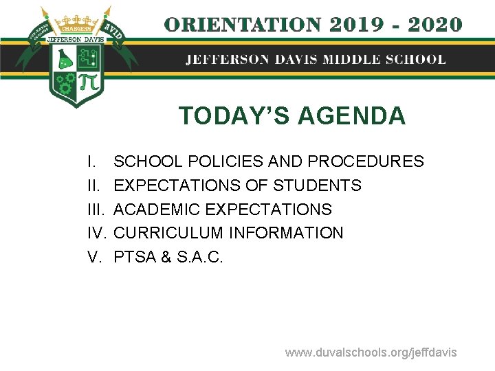 TODAY’S AGENDA I. SCHOOL POLICIES AND PROCEDURES II. EXPECTATIONS OF STUDENTS III. ACADEMIC EXPECTATIONS