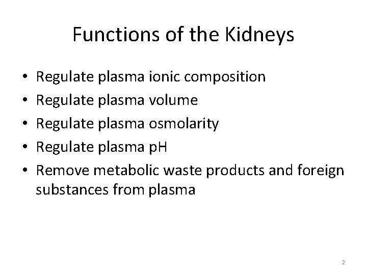 Functions of the Kidneys • • • Regulate plasma ionic composition Regulate plasma volume