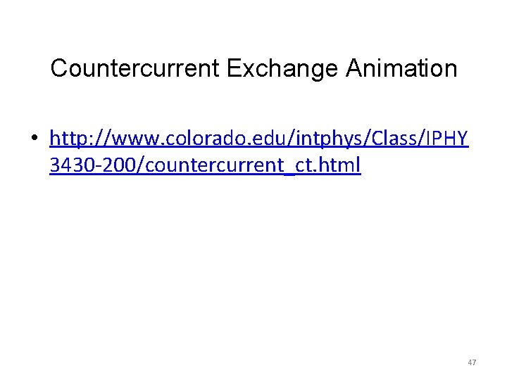 Countercurrent Exchange Animation • http: //www. colorado. edu/intphys/Class/IPHY 3430 -200/countercurrent_ct. html 47 