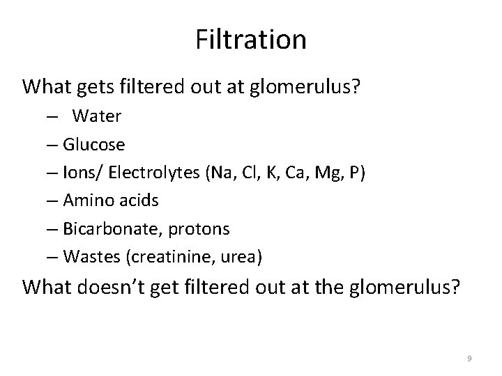 Filtration What gets filtered out at glomerulus? – Water – Glucose – Ions/ Electrolytes