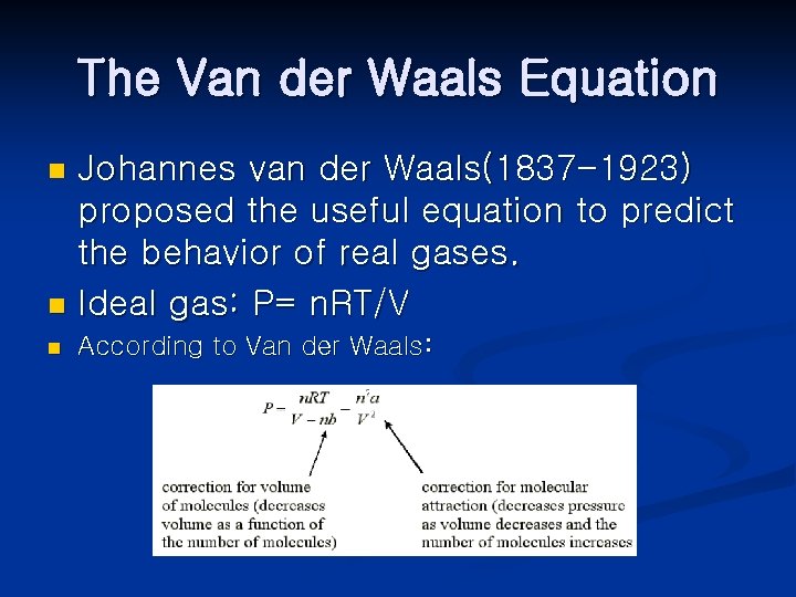 The Van der Waals Equation Johannes van der Waals(1837 -1923) proposed the useful equation