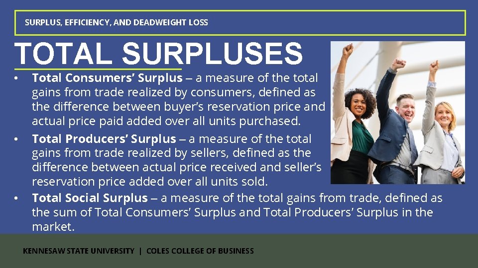 SURPLUS, EFFICIENCY, AND DEADWEIGHT LOSS TOTAL SURPLUSES • • • Total Consumers’ Surplus –