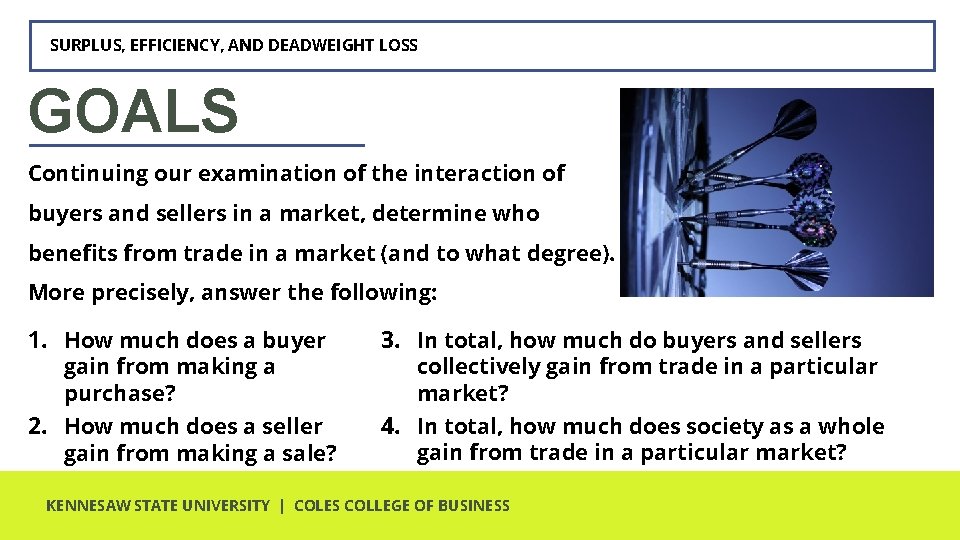 SURPLUS, EFFICIENCY, AND DEADWEIGHT LOSS GOALS Continuing our examination of the interaction of buyers