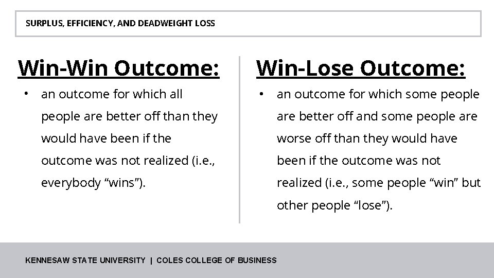SURPLUS, EFFICIENCY, AND DEADWEIGHT LOSS Win-Win Outcome: • an outcome for which all Win-Lose SURPLUS, EFFICIENCY, AND DEADWEIGHT LOSS Win-Win Outcome: • an outcome for which all Win-Lose
