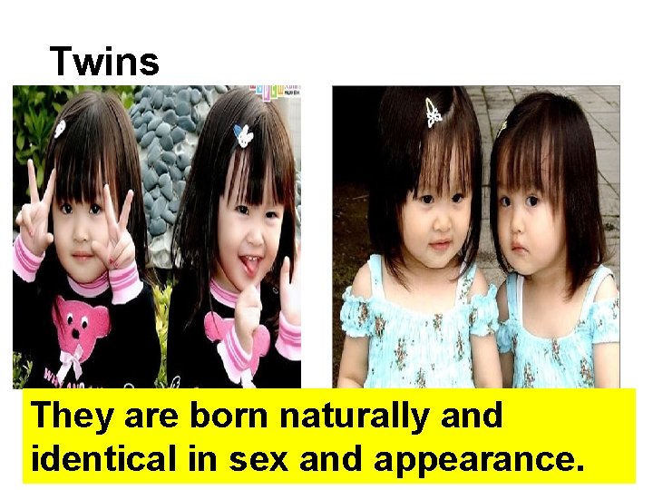 Twins They are born naturally and identical in sex and appearance. 