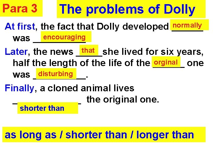 Para 3 The problems of Dolly normally At first, the fact that Dolly developed