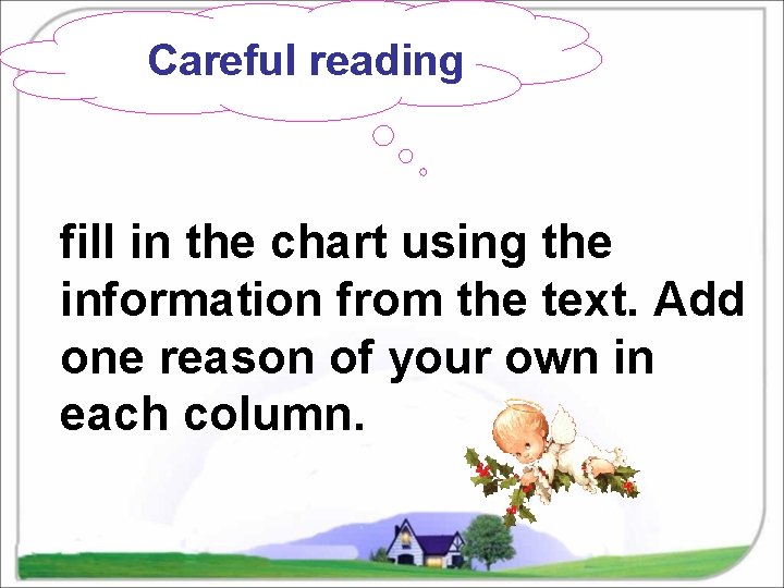 Careful reading fill in the chart using the information from the text. Add one