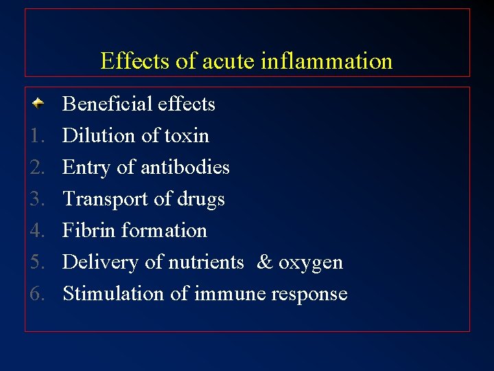 Effects of acute inflammation 1. 2. 3. 4. 5. 6. Beneficial effects Dilution of Effects of acute inflammation 1. 2. 3. 4. 5. 6. Beneficial effects Dilution of