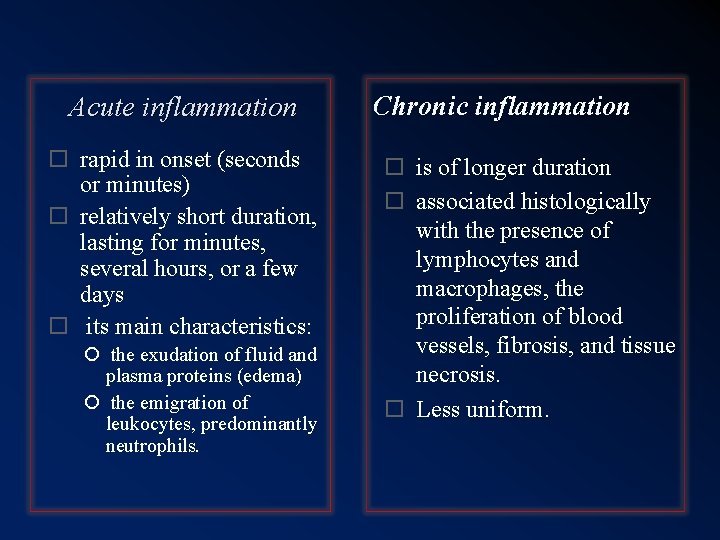 Acute inflammation rapid in onset (seconds or minutes) relatively short duration, lasting for minutes,