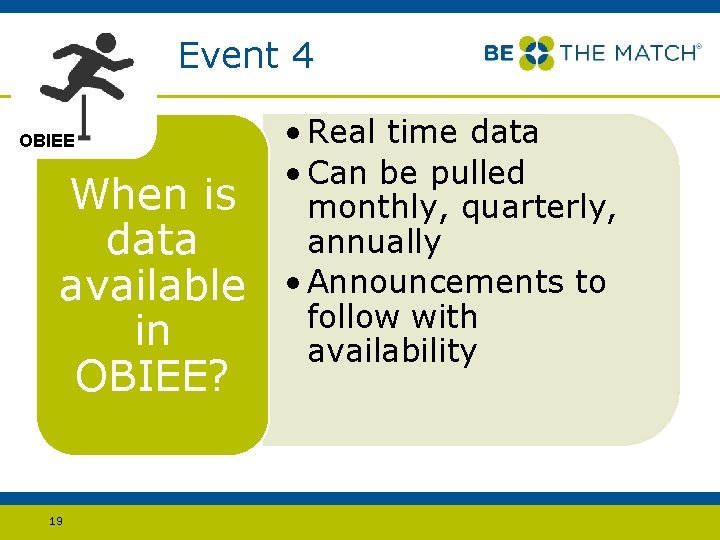 Event 4 OBIEE When is data available in OBIEE? 19 • Real time data