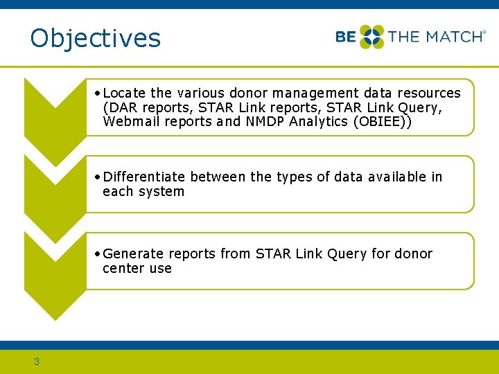 Objectives • Locate the various donor management data resources (DAR reports, STAR Link Query,