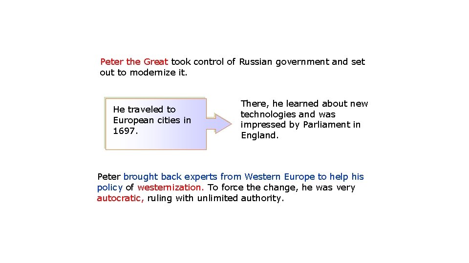 Peter the Great took control of Russian government and set out to modernize it.