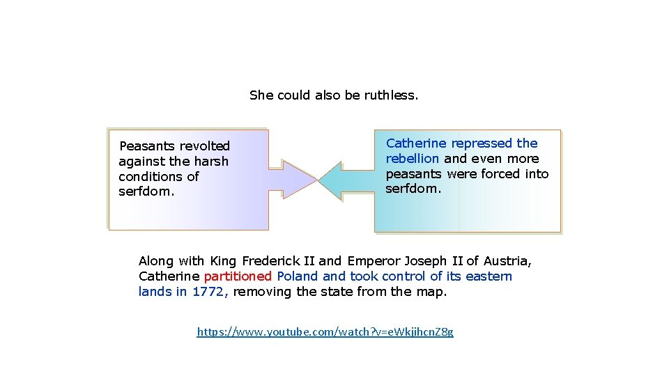 She could also be ruthless. Peasants revolted against the harsh conditions of serfdom. Catherine