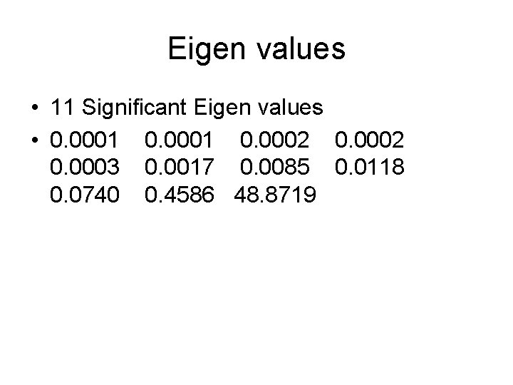 Eigen values • 11 Significant Eigen values • 0. 0001 0. 0002 0. 0003