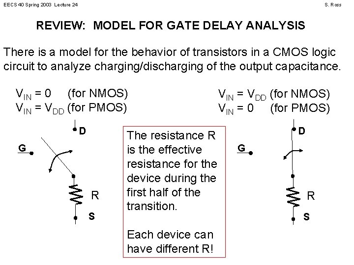 EECS 40 Spring 2003 Lecture 24 S. Ross REVIEW: MODEL FOR GATE DELAY ANALYSIS