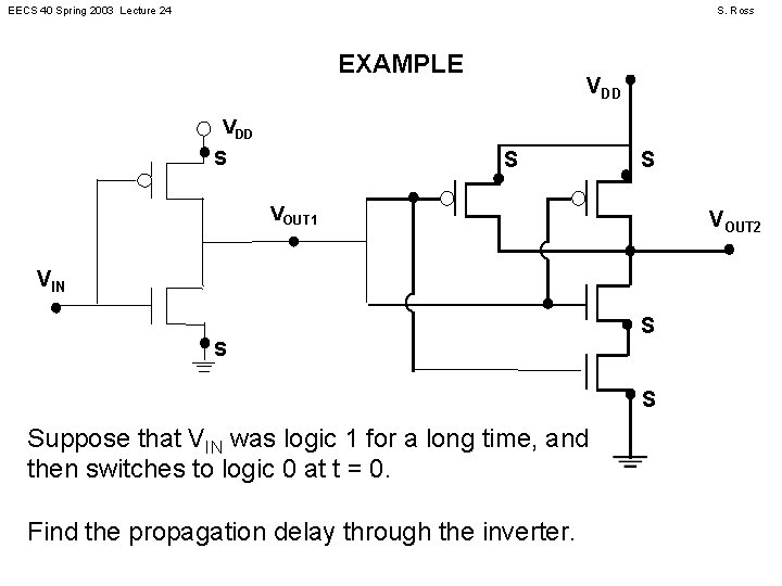 EECS 40 Spring 2003 Lecture 24 S. Ross EXAMPLE VDD S S S VOUT