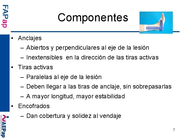 Componentes • Anclajes – Abiertos y perpendiculares al eje de la lesión – Inextensibles