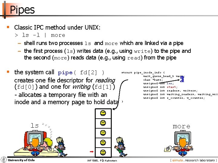 Pipes § Classic IPC method under UNIX: > ls -l | more − shell