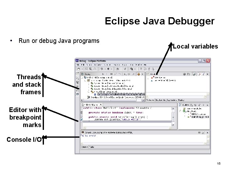 Eclipse Java Debugger • Run or debug Java programs Local variables Threads and stack