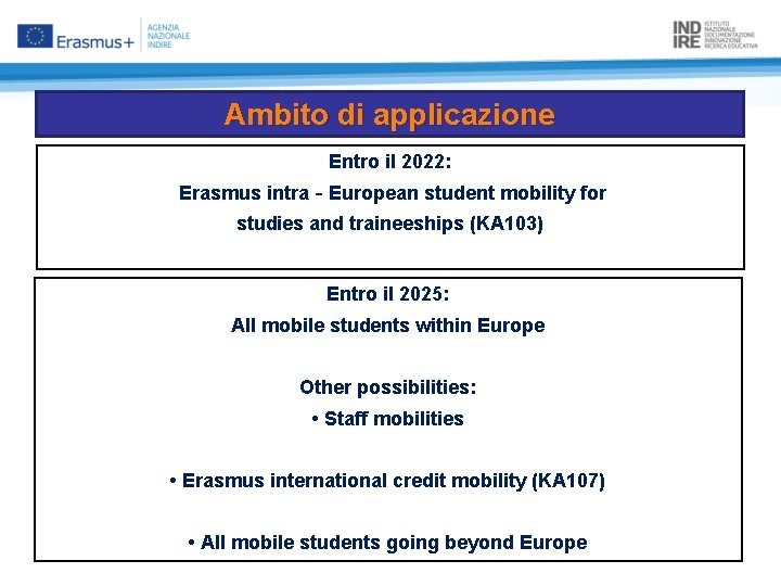 Ambito di applicazione Entro il 2022: Erasmus intra‐European student mobility for studies and traineeships