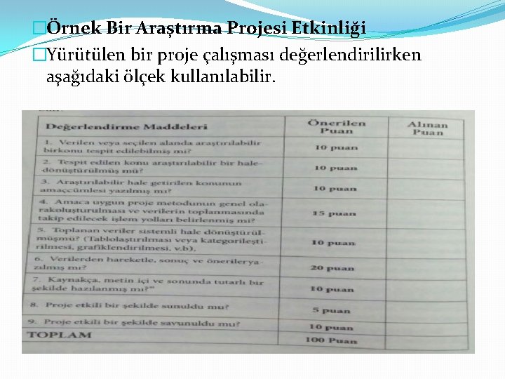 �Örnek Bir Araştırma Projesi Etkinliği �Yürütülen bir proje çalışması değerlendirilirken aşağıdaki ölçek kullanılabilir. 