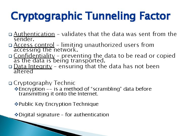 Cryptographic Tunneling Factor Authentication – validates that the data was sent from the sender.