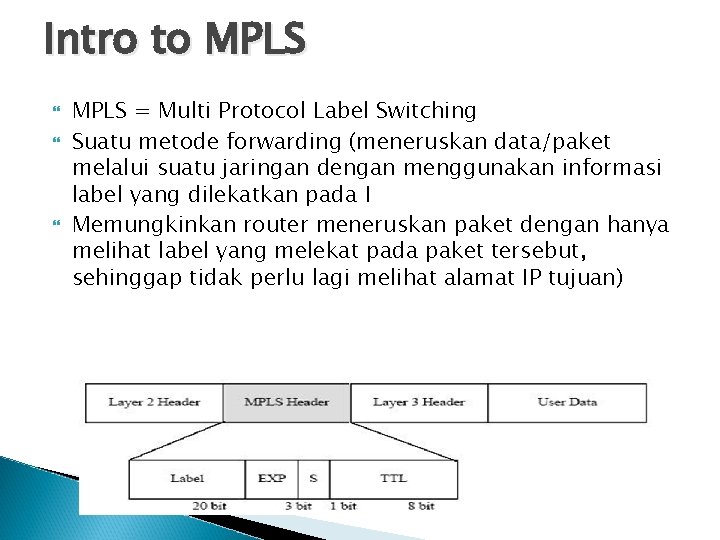 Intro to MPLS = Multi Protocol Label Switching Suatu metode forwarding (meneruskan data/paket melalui