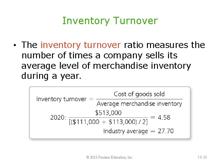 Inventory Turnover • The inventory turnover ratio measures the number of times a company